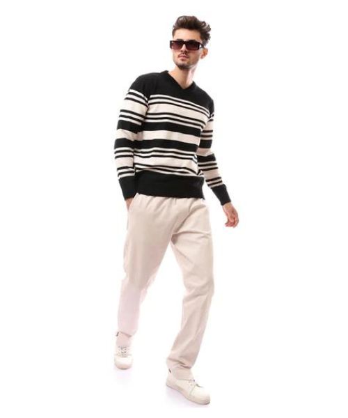 Andora Striped Cotton Pullover Full Sleeve V Neck For Men - Black White