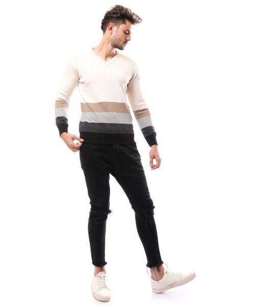 Andora Striped Cotton Pullover Full Sleeve V Neck For Men - Multi Color