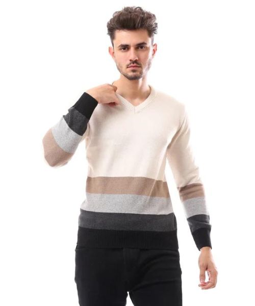 Andora Striped Cotton Pullover Full Sleeve V Neck For Men - Multi Color