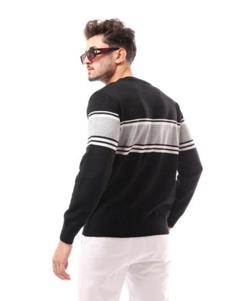 Andora Striped Cotton Pullover Full Sleeve Round Neck For Men - Black