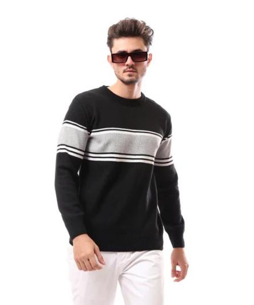 Andora Striped Cotton Pullover Full Sleeve Round Neck For Men - Black