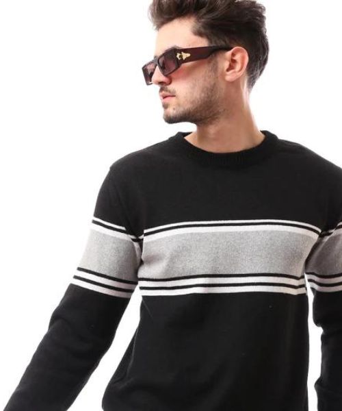 Andora Striped Cotton Pullover Full Sleeve Round Neck For Men - Black