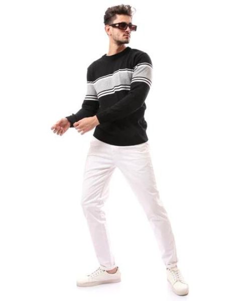 Andora Striped Cotton Pullover Full Sleeve Round Neck For Men - Black