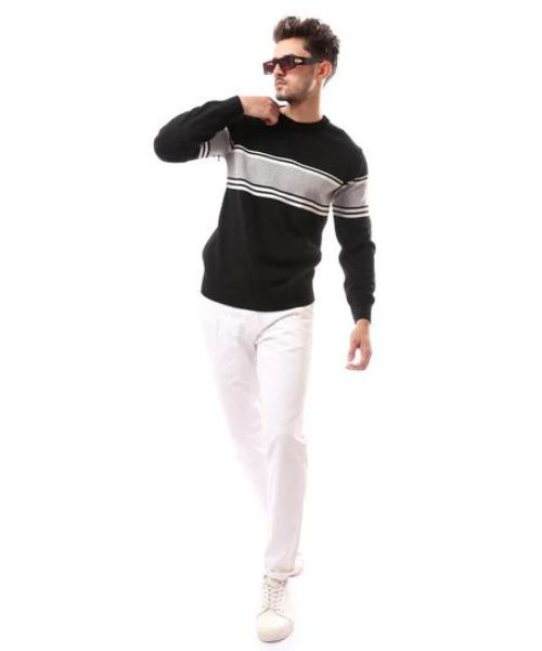 Andora Striped Cotton Pullover Full Sleeve Round Neck For Men - Black