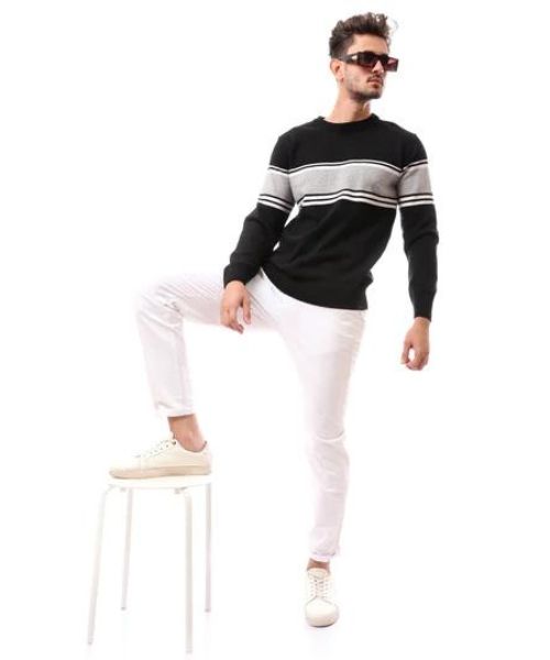 Andora Striped Cotton Pullover Full Sleeve Round Neck For Men - Black