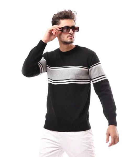 Andora Striped Cotton Pullover Full Sleeve Round Neck For Men - Black