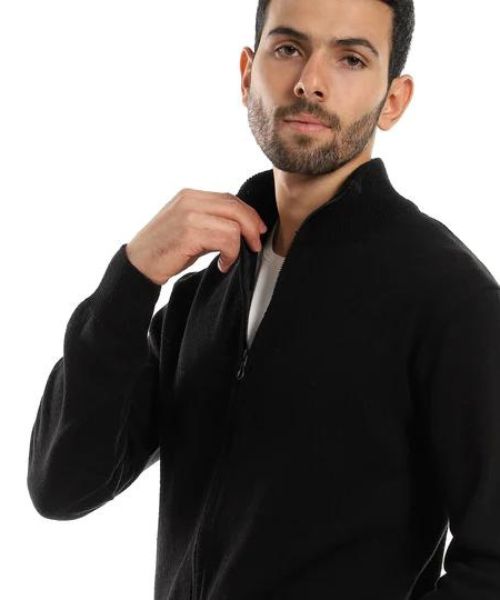 Andora Solid Cotton Sweatshirt Full Sleeve High Neck With Zipper For Men - Black