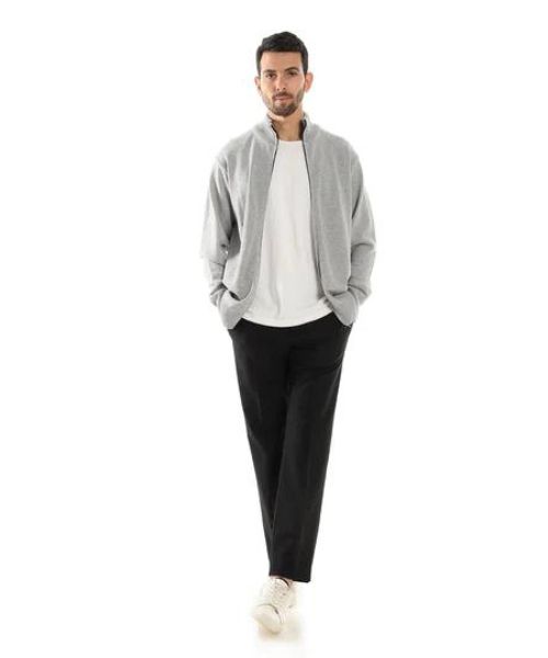 Andora Solid Cotton Sweatshirt Full Sleeve High Neck With Zipper For Men - Grey