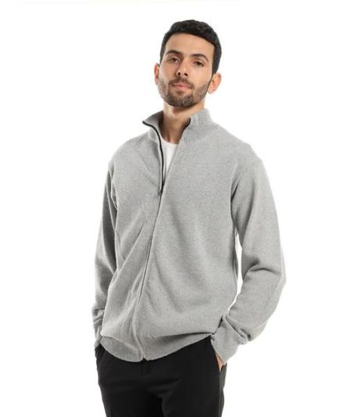 Andora Solid Cotton Sweatshirt Full Sleeve High Neck With Zipper For Men - Grey