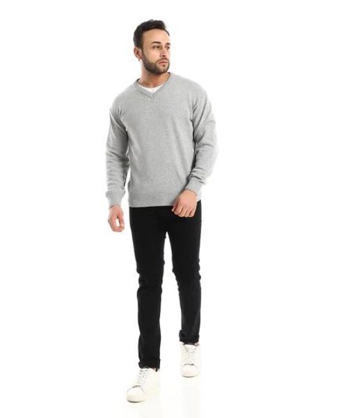 Andora Knitted Pullover Full Sleeve V Neck For Men - Light Grey