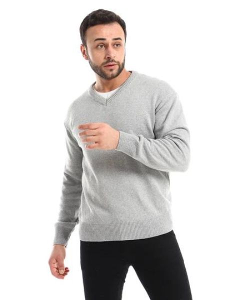 Andora Knitted Pullover Full Sleeve V Neck For Men - Light Grey