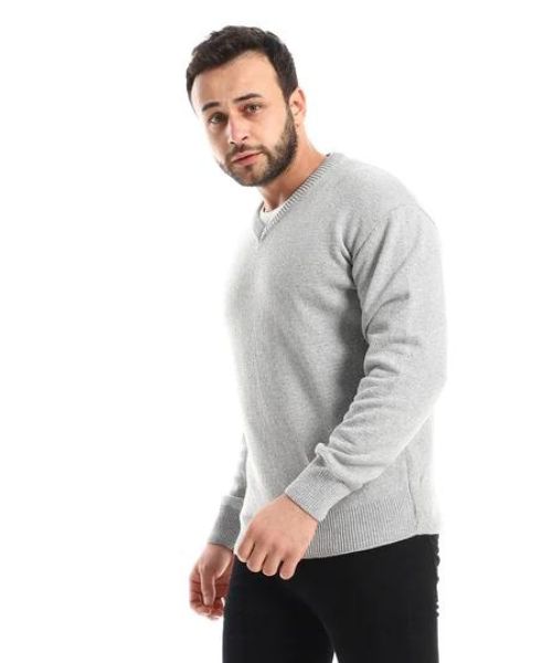 Andora Knitted Pullover Full Sleeve V Neck For Men - Light Grey