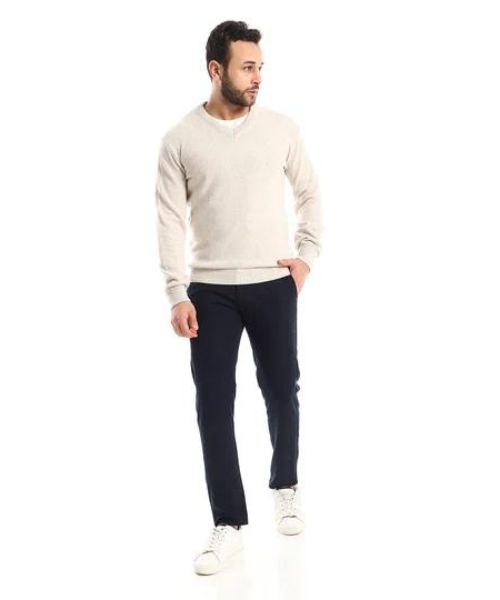 Andora Knitted Pullover Full Sleeve V Neck For Men - Beige