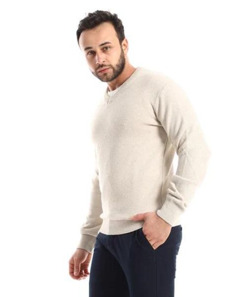 Andora Knitted Pullover Full Sleeve V Neck For Men - Beige