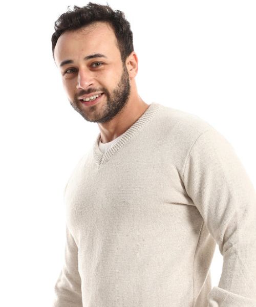 Andora Knitted Pullover Full Sleeve V Neck For Men - Beige