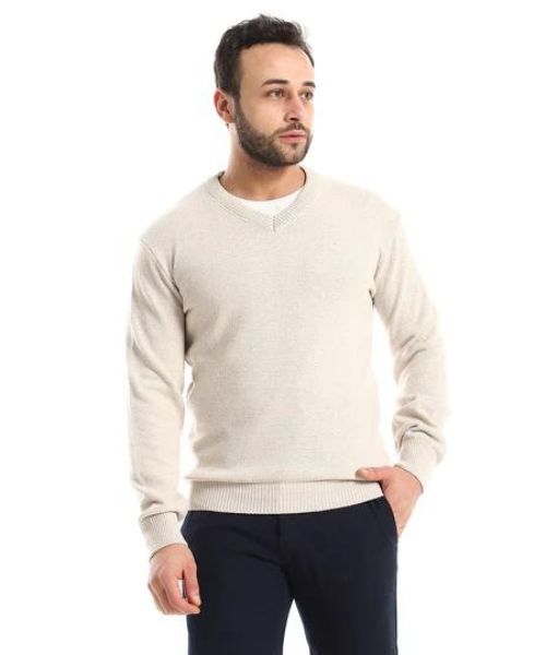 Andora Knitted Pullover Full Sleeve V Neck For Men - Beige