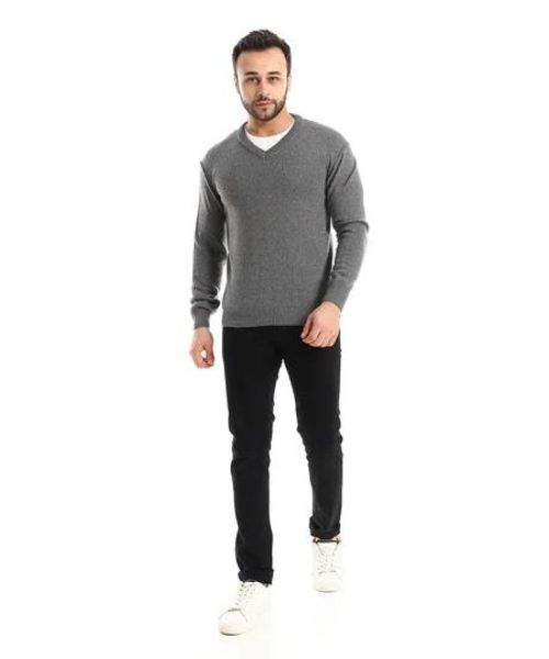 Andora Knitted Pullover Full Sleeve V Neck For Men - Grey