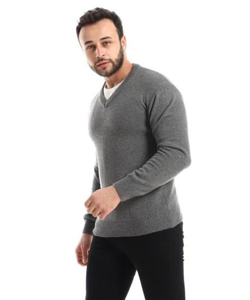 Andora Knitted Pullover Full Sleeve V Neck For Men - Grey