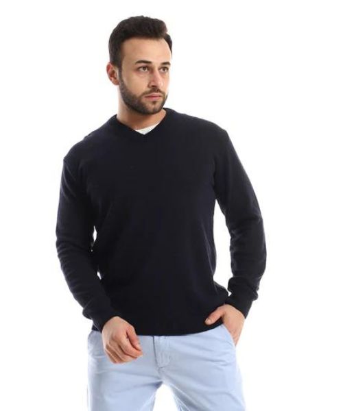 Andora Knitted Pullover Full Sleeve V Neck For Men - Navy