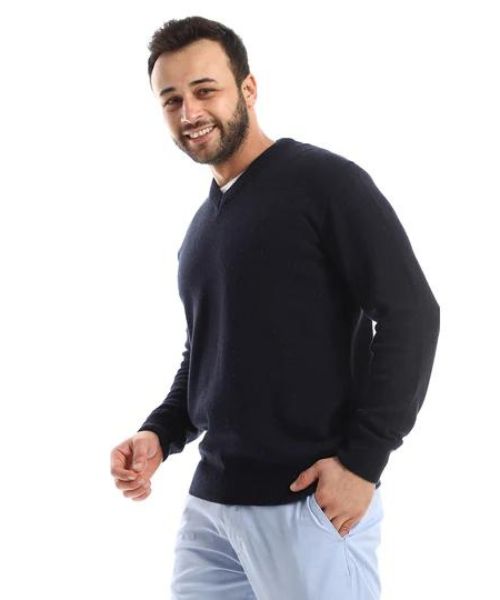 Andora Knitted Pullover Full Sleeve V Neck For Men - Navy