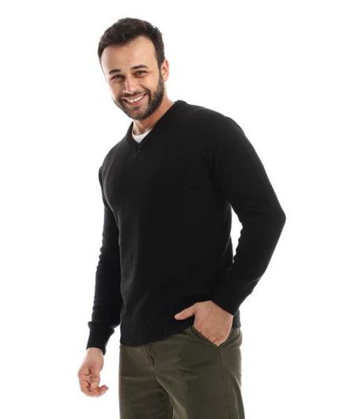 Andora Knitted Pullover Full Sleeve V Neck For Men - Black
