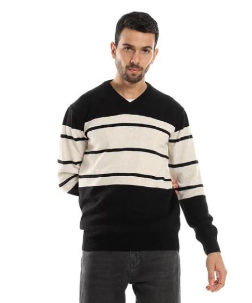 Andora Striped Pullover Full Sleeve V Neck For Men - Black Beige