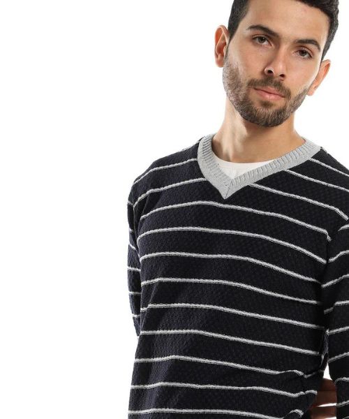 Andora Striped Pullover Full Sleeve V Neck For Men - Black Grey