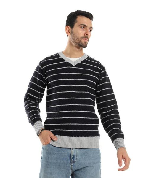 Andora Striped Pullover Full Sleeve V Neck For Men - Black Grey