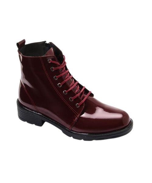 XO Style Solid Half Boot Faux Leather With Lace Up For Women - Dark Red
