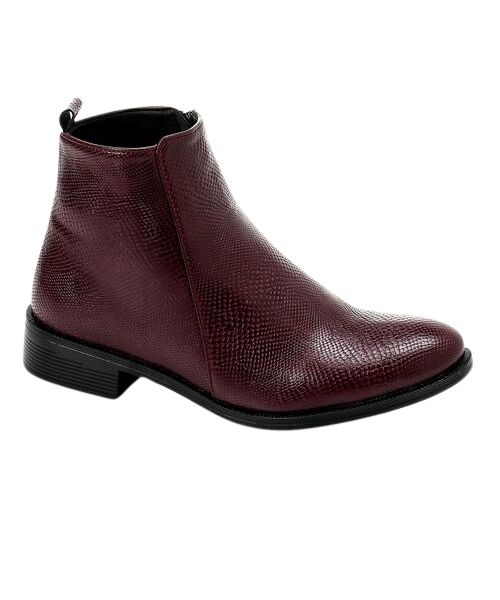 XO Style Patterned Half Boot Faux Leather For Women - Dark Red