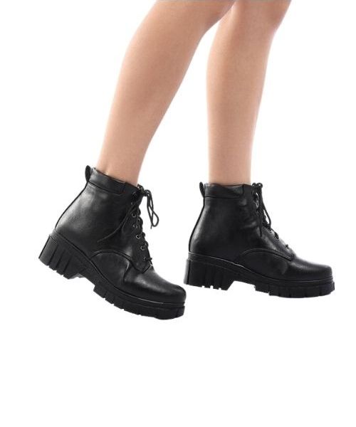 XO Style Solid Half Boot Faux Leather With Lace Up For Women - Black