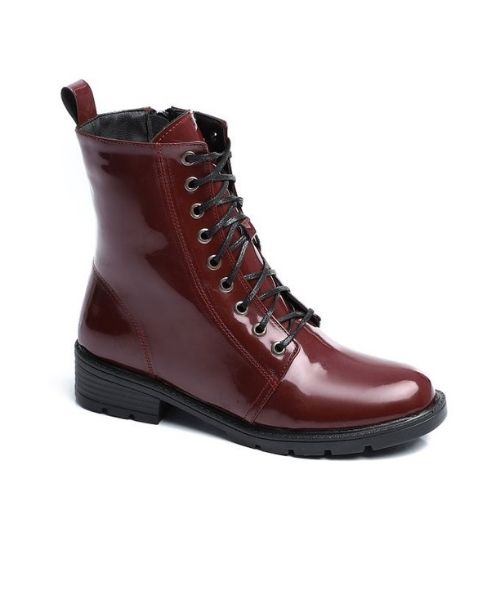 XO Style Solid Half Boot Faux Leather With Lace Up For Women - Dark Red