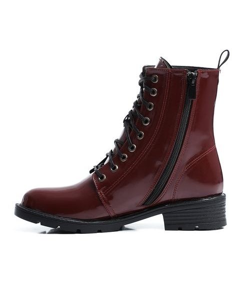 XO Style Solid Half Boot Faux Leather With Lace Up For Women - Dark Red