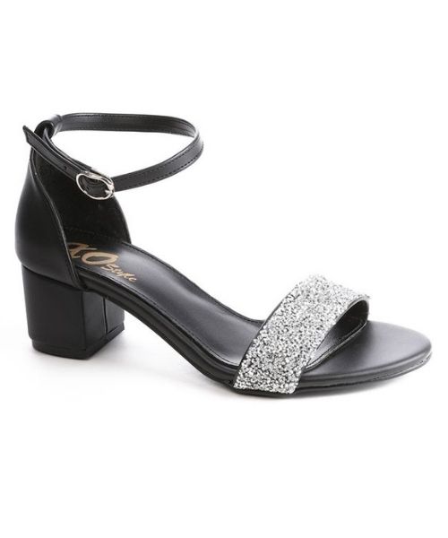 XO Style Faux Leather Heel Sandal For Women - Black Silver