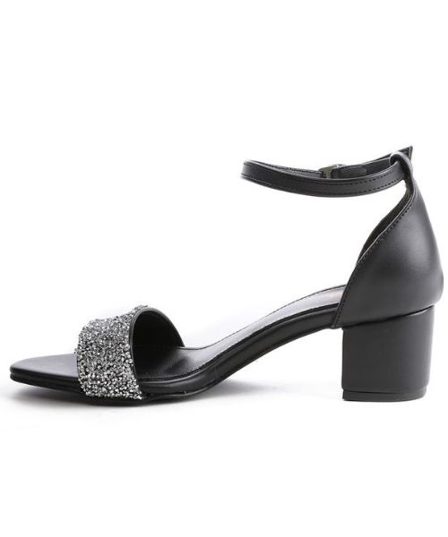 XO Style Faux Leather Heel Sandal For Women - Black Silver