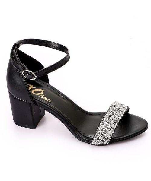 XO Style Faux Leather Heel Sandal For Women - Black Silver