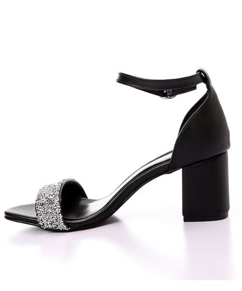 XO Style Faux Leather Heel Sandal For Women - Black Silver