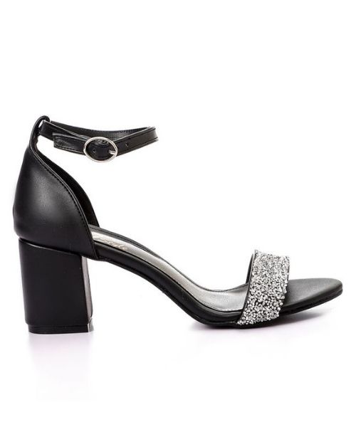 XO Style Faux Leather Heel Sandal For Women - Black Silver