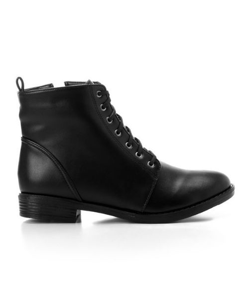 XO Style Solid Half Boot Faux Leather with lace up For Women - Black