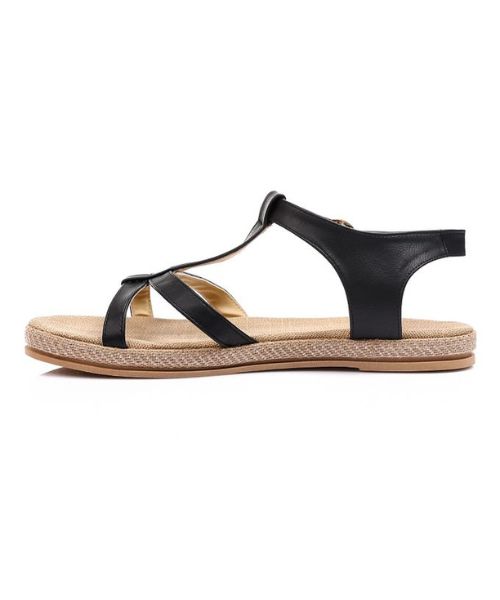 XO Style Faux Leather Flat Sandal For Women - Black