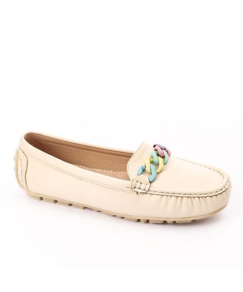 XO Style Decorated Flat Shoes Faux Leather For Women - Beige