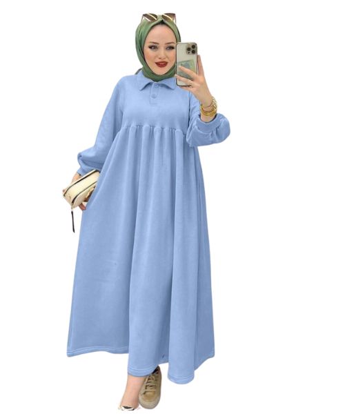Solid Maxi Milton Dress Full Sleeve With Neck And Buttons For Women - Light Blue