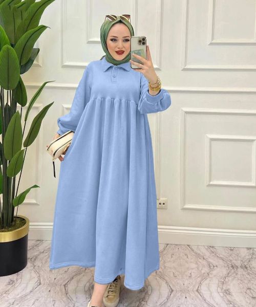 Solid Maxi Milton Dress Full Sleeve With Neck And Buttons For Women - Light Blue