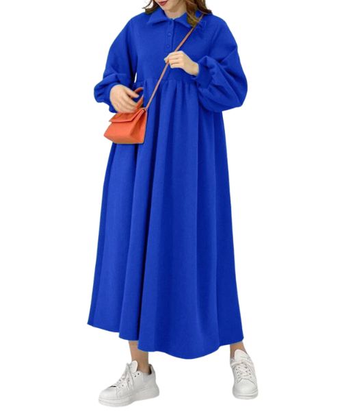 Solid Maxi Milton Dress Full Sleeve With Neck And Buttons For Women - Blue
