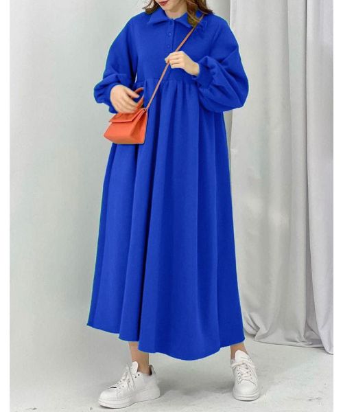 Solid Maxi Milton Dress Full Sleeve With Neck And Buttons For Women - Blue