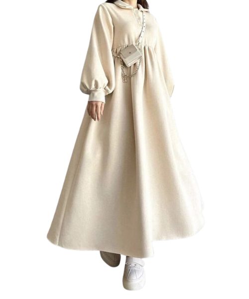 Solid Maxi Milton Dress Full Sleeve With Neck And Buttons For Women - Beige
