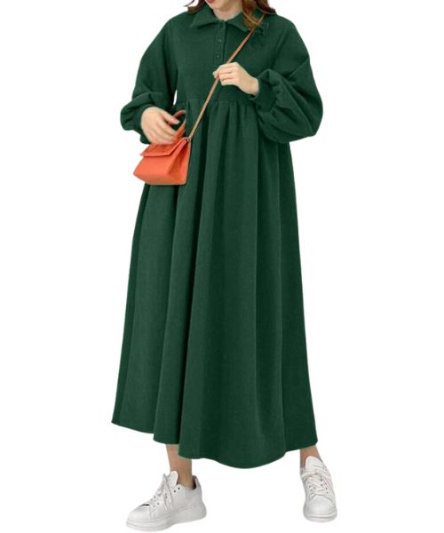 Solid Maxi Milton Dress Full Sleeve With Neck And Buttons For Women - Green