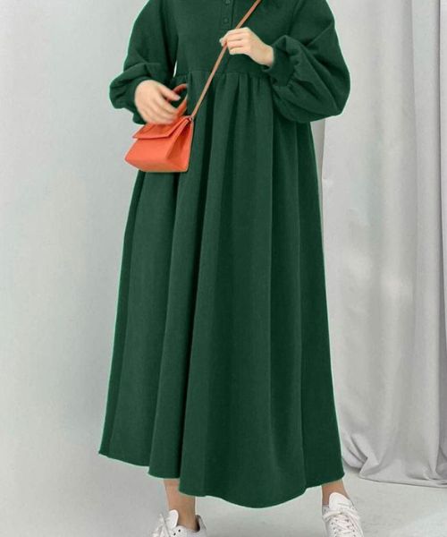 Solid Maxi Milton Dress Full Sleeve With Neck And Buttons For Women - Green