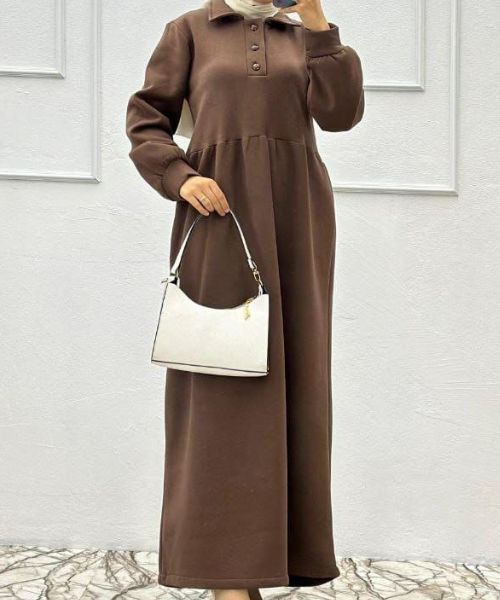 Solid Maxi Milton Dress Full Sleeve With Neck And Buttons For Women - Brown
