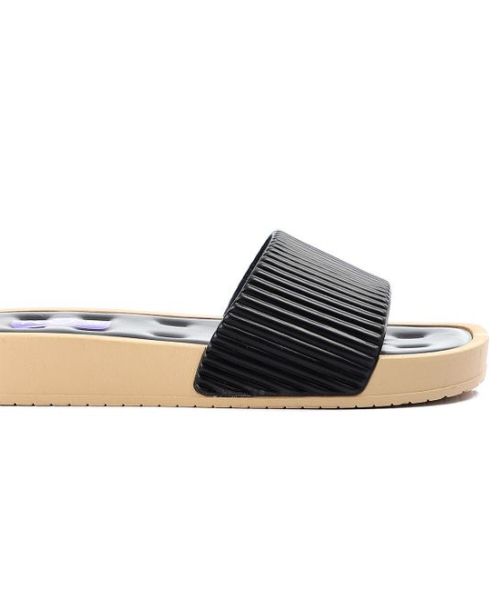 XO Style Faux Leather Ribbed Sildes Slipper Flat For Women - Black